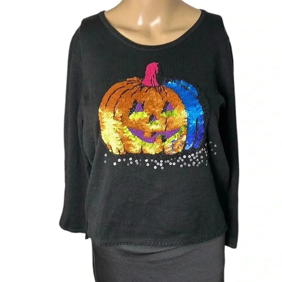 Y2K rare Michael Simon sweater,Halloween pumpkin sequins,2004, PTP 17.5-20”, EC - Picture 4 of 17